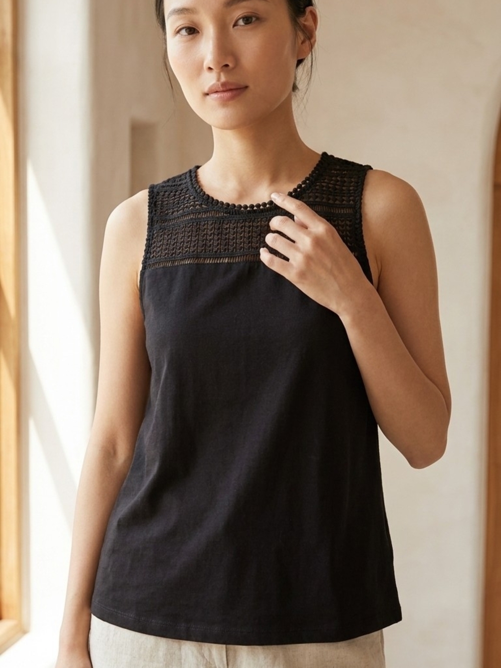 H&M Black Crochet Yoke Tank Top